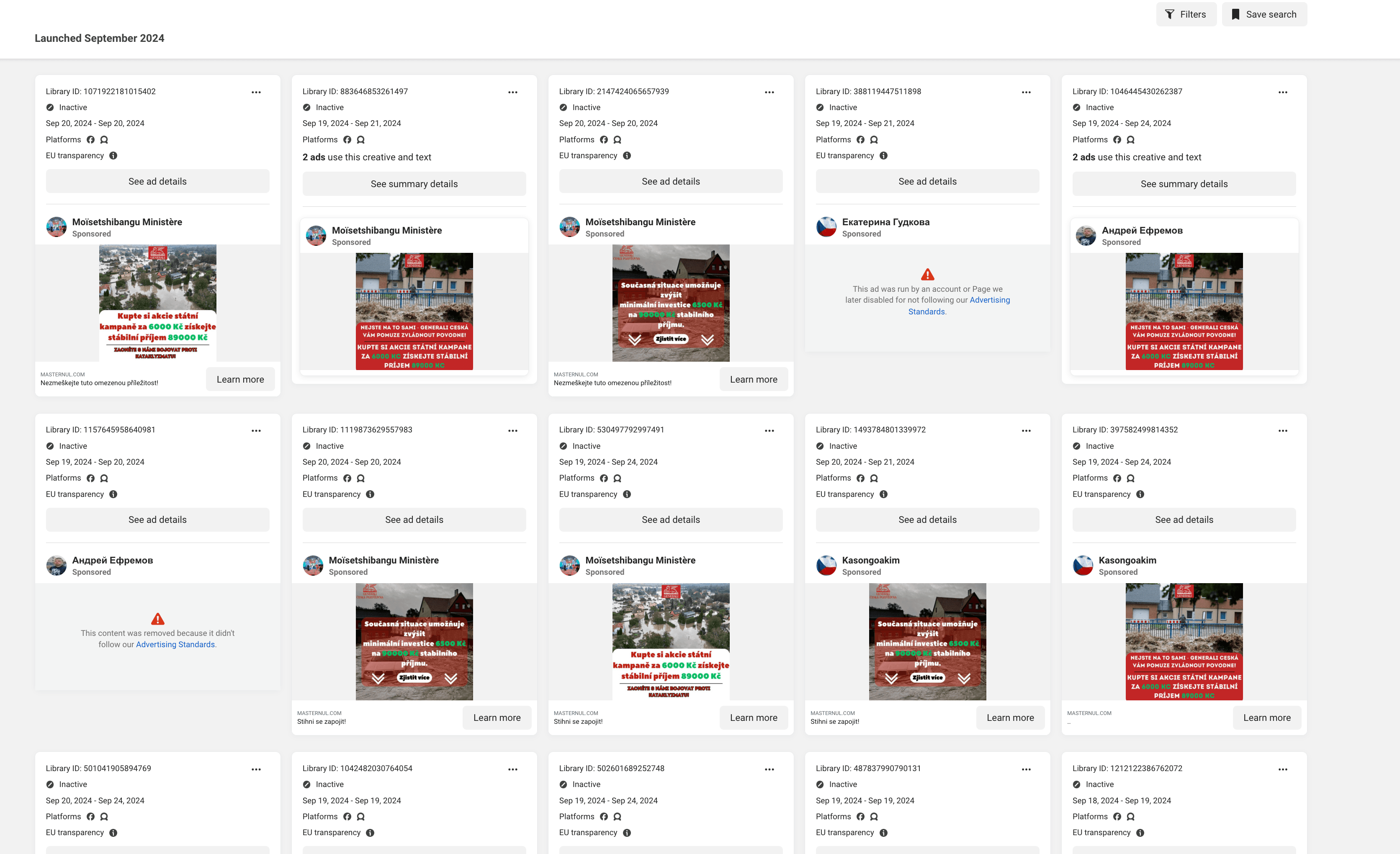 Zaplavování reklamního prostoru - náhled do Ad Library Facebooku