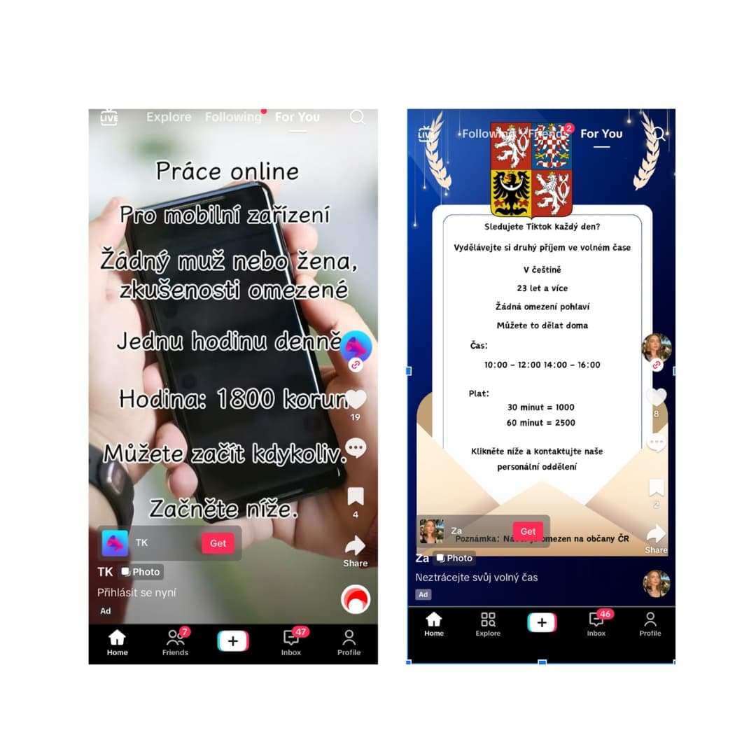 Reklamy na platformě TikTok lákající na přivýdělek online. Zadatele reklamy se nám nepodařilo dohledat v knihovně reklam.